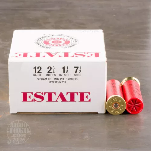 12 Gauge Ammunition for Sale. Estate Cartridge 1-1/8 oz. #7-1/2 Shot – 25 Rounds