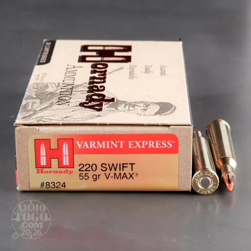 220 Swift Ammunition for Sale. Hornady 55 Grain V-MAX – 20 Rounds