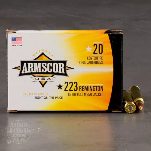 223 Remington Ammo – 20 Rounds of 62 Grain Full Metal Jacket Boat Tail (FMJ-BT) by Armscor