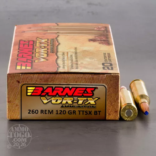 .260 Remington Ammunition for Sale. Barnes 120 Grain TTSX BT – 20 Rounds