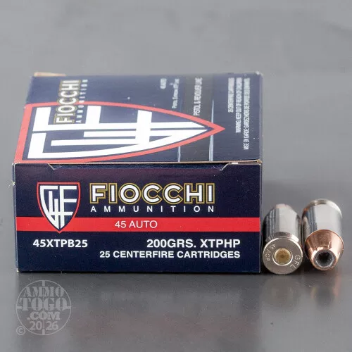 45 ACP (Auto) Ammunition for Sale. Fiocchi 200 Grain XTP Mag – 25 Rounds