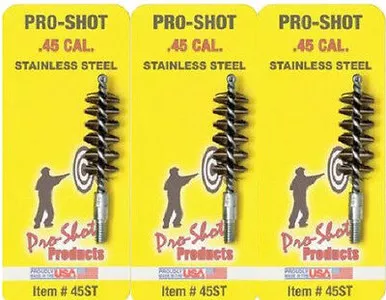 Pro-Shot Stainless Steel Pistol Bore Brush for .45 cal Pack of 3 # 45STNew!